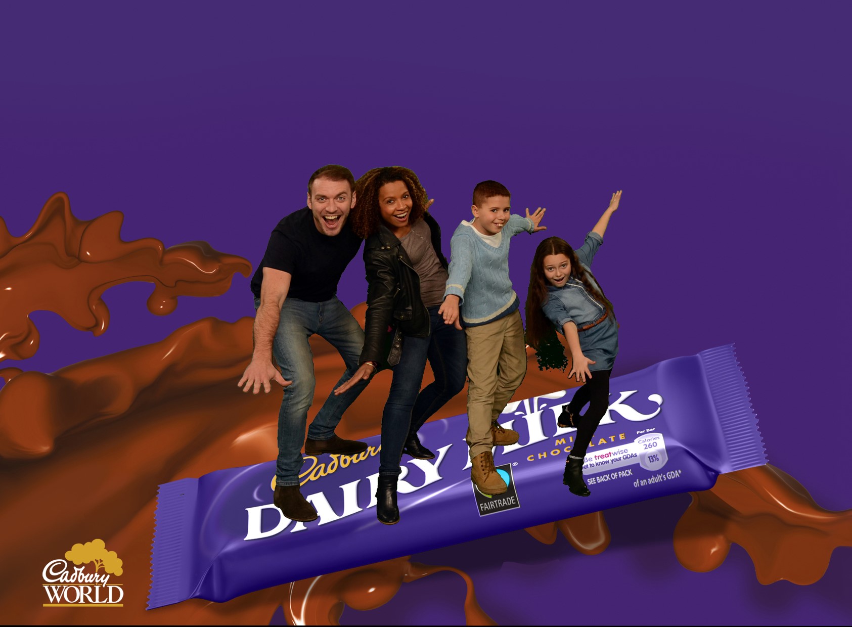 Family green screen standing on top a large Cadbury's chocolate bar at Cadbury World